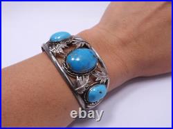 Vintage Native American Silver Turquoise Bracelet with Leaves, 48.5g