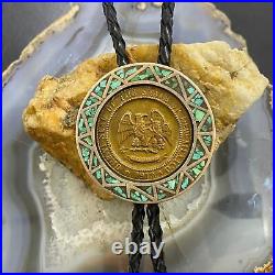 Vintage Native American Silver Turquoise Chip Inlay New Mexico State Seal Bolo