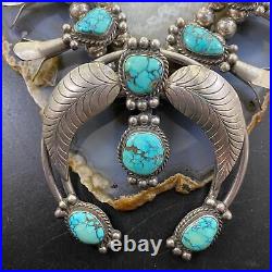 Vintage Native American Silver Turquoise Detailed Squash Blossom Necklace