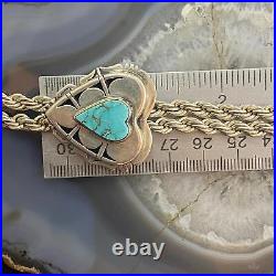 Vintage Native American Silver Turquoise Heart Lariat 26 Necklace For Women