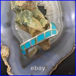 Vintage Native American Silver Turquoise Inlay Heavy Gauge Bracelet For Women