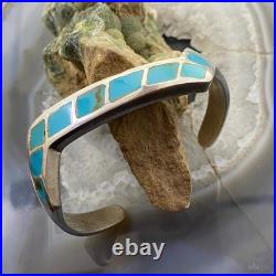 Vintage Native American Silver Turquoise Inlay Heavy Gauge Bracelet For Women