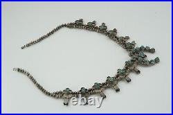 Vintage Native American Silver Turquoise Nugget Flower Squash Blossom Necklace