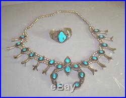 Vintage Native American Silver & Turquoise Squash Blossom Necklace & Bracelet