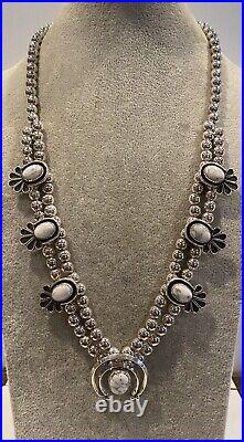 Vintage Native American Silver White Buffalo Turquoise Squash Blossom Necklace