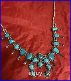 Vintage Native American Solid Sterling Silver Turquoise Squash Blossom Necklace