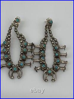 Vintage Native American Squash Blossom 925 Silver & Turquoise Earrings