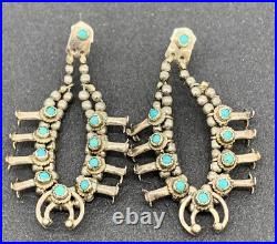 Vintage Native American Squash Blossom 925 Silver & Turquoise Earrings