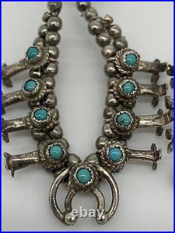 Vintage Native American Squash Blossom 925 Silver & Turquoise Earrings