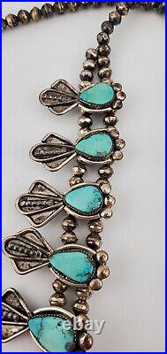 Vintage Native American Squash Blossom Necklace Turquoise & Sterling Silver 29