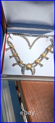 Vintage Native American Squash Blossom Silver Green Turquoise Necklace