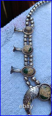 Vintage Native American Squash Blossom Silver Green Turquoise Necklace