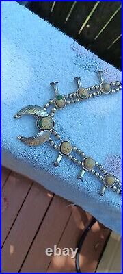 Vintage Native American Squash Blossom Silver Green Turquoise Necklace