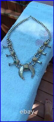 Vintage Native American Squash Blossom Silver Green Turquoise Necklace