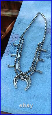 Vintage Native American Squash Blossom Silver Green Turquoise Necklace