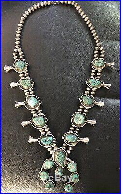 Vintage Native American Squash Blossom Silver & Turquoise Necklace Heavy