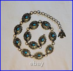 Vintage Native American Stamped Nickel Silver With Turquoise Concho Belt 39in