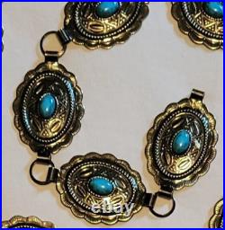 Vintage Native American Stamped Nickel Silver With Turquoise Concho Belt 39in