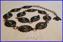 Vintage Native American Stamped Nickel Silver With Turquoise Concho Belt 39in