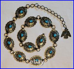 Vintage Native American Stamped Nickel Silver With Turquoise Concho Belt 39in