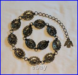 Vintage Native American Stamped Nickel Silver With Turquoise Concho Belt 39in