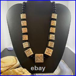 Vintage Native American Sterling 13 Stamped Cube Beads on 20 Onyx Bead Necklace