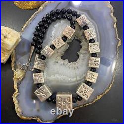 Vintage Native American Sterling 13 Stamped Cube Beads on 20 Onyx Bead Necklace