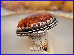 Vintage Native American Sterling 925 Silver Amber Ring Size 6 Unsigned 11 Grams