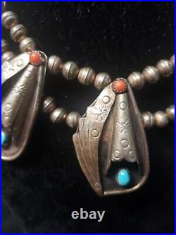Vintage Native American Sterling Bench Beads Turquoise red coral Necklace choker