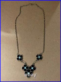 Vintage Native American Sterling Black Onyx Turquoise Necklace Bracelet Set Zuni
