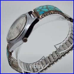 Vintage Native American Sterling Fishscale Turquoise Inlay Tips Automatic Watch