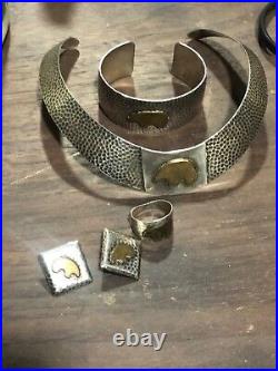 Vintage Native American Sterling Hammered with Gold Bear Jewelry Set