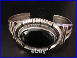 Vintage Native American Sterling & Large Onyx Stone Cuff Bracelet Signed