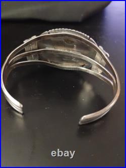 Vintage Native American Sterling & Large Onyx Stone Cuff Bracelet Signed