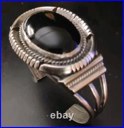 Vintage Native American Sterling & Large Onyx Stone Cuff Bracelet Signed