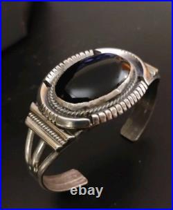 Vintage Native American Sterling & Large Onyx Stone Cuff Bracelet Signed