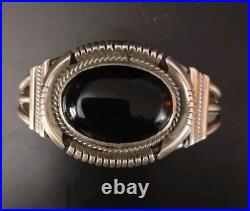 Vintage Native American Sterling & Large Onyx Stone Cuff Bracelet Signed