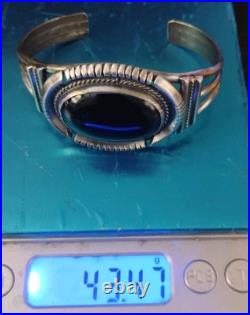 Vintage Native American Sterling & Large Onyx Stone Cuff Bracelet Signed