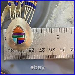 Vintage Native American Sterling Liquid Silver, Multi Beads & Inlay Pendant