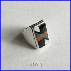 Vintage Native American Sterling Multicolor Inlay Onyx Zuni Ring 9.5 Pawn USA