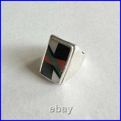Vintage Native American Sterling Multicolor Inlay Onyx Zuni Ring 9.5 Pawn USA