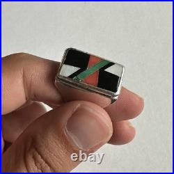 Vintage Native American Sterling Multicolor Inlay Onyx Zuni Ring 9.5 Pawn USA