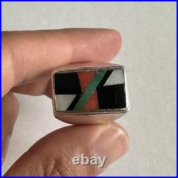 Vintage Native American Sterling Multicolor Inlay Onyx Zuni Ring 9.5 Pawn USA