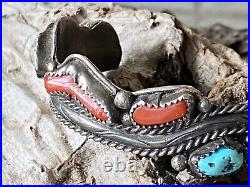 Vintage Native American Sterling Red Coral & Turquoise Cuff Bracelet