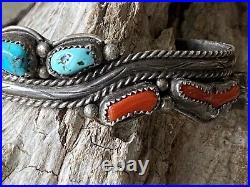 Vintage Native American Sterling Red Coral & Turquoise Cuff Bracelet