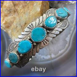 Vintage Native American Sterling Silver 7 Oval Turquoise Row Bracelet For Women