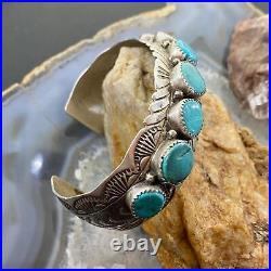 Vintage Native American Sterling Silver 7 Oval Turquoise Row Bracelet For Women