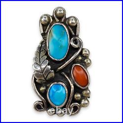 Vintage Native American Sterling Silver 925 Turquoise and Coral Long Ring Size 5