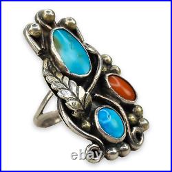 Vintage Native American Sterling Silver 925 Turquoise and Coral Long Ring Size 5