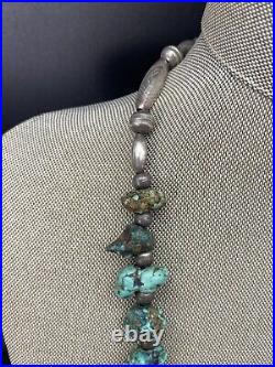 Vintage Native American Sterling Silver Bench Bead & Turquoise Stone Necklace